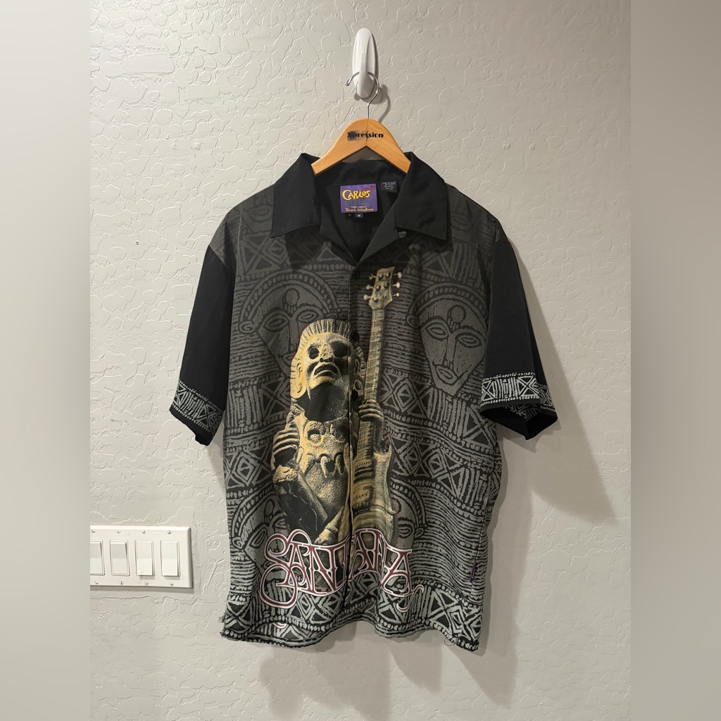 Vintage Carlos Santana Sacred Aztec Statue Button Down Shirt Medium Bin 3